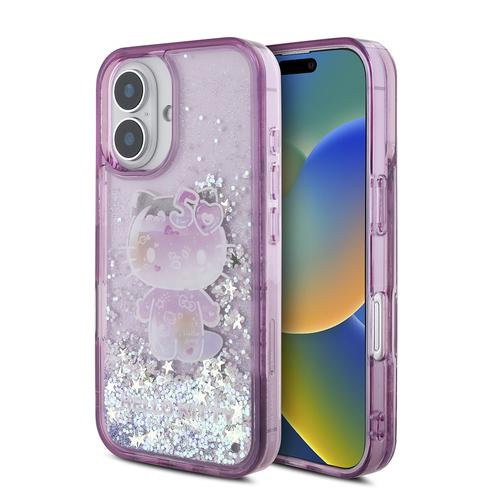 [RNZ-TA110988] Apple iPhone 16 Uyumlu Kılıf Hello Kitty Orjinal Lisanslı Sıvılı Simli 50. Yıldönümü Partisi Kapak