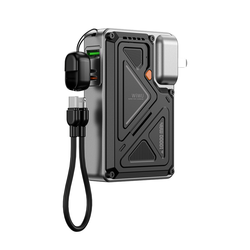[RNZ-TA125317] Wiwu Wi-P057 Knight Serisi Taşınabilir Wireless Type-C ve Lightning Kablolu Standlı PD Powerbank 35W 10000mAh (Siyah)