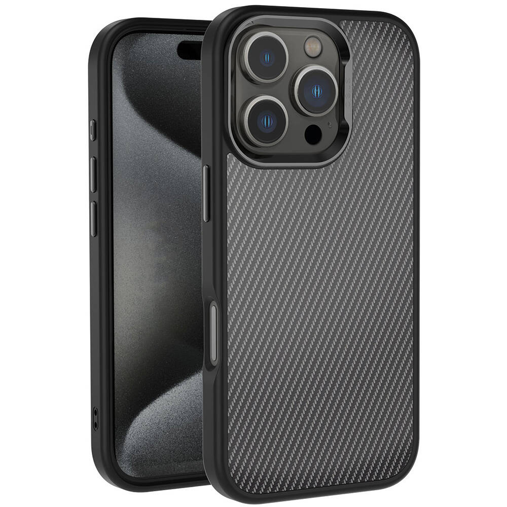 [RNZ-TA109352] Apple iPhone 16 Pro Max Uyumlu Kılıf Karbon Fiber Görünümlü Parlak Kamera Çerçeveli Zore Venus Kapak (Siyah)