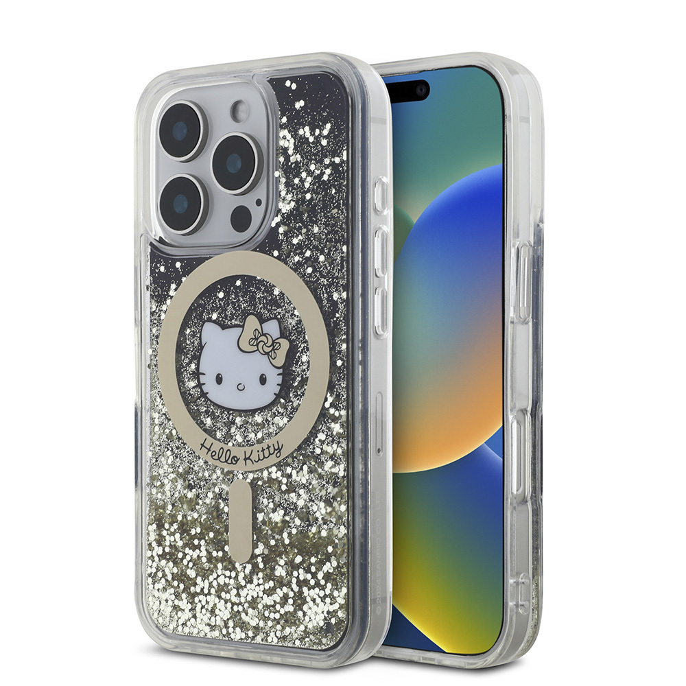 [RNZ-TA110999] Apple iPhone 16 Pro Uyumlu Kılıf Hello Kitty Orjinal Lisanslı M-safe Şarj Özellikli IML Baskı Kitty Head Logolu Sıvılı Simli Altın Ateşi Kapak