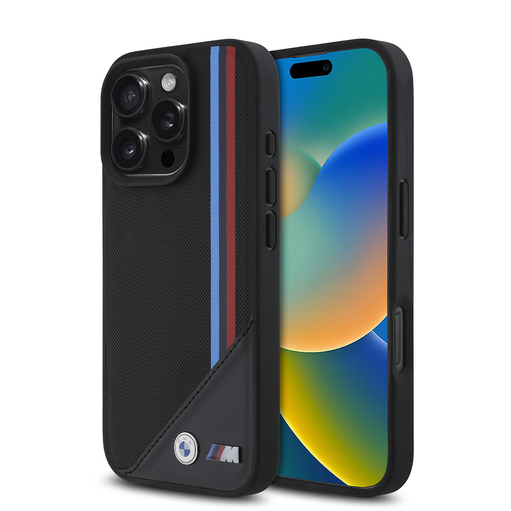 [RNZ-TA110854] Apple iPhone 16 Pro Max Uyumlu Kılıf BMW Orjinal Lisanslı M-safe Şarj Özellikli M Logolu Üç Çizgili Dikiş Detaylı Meshed Tricolor Stripes Kapak