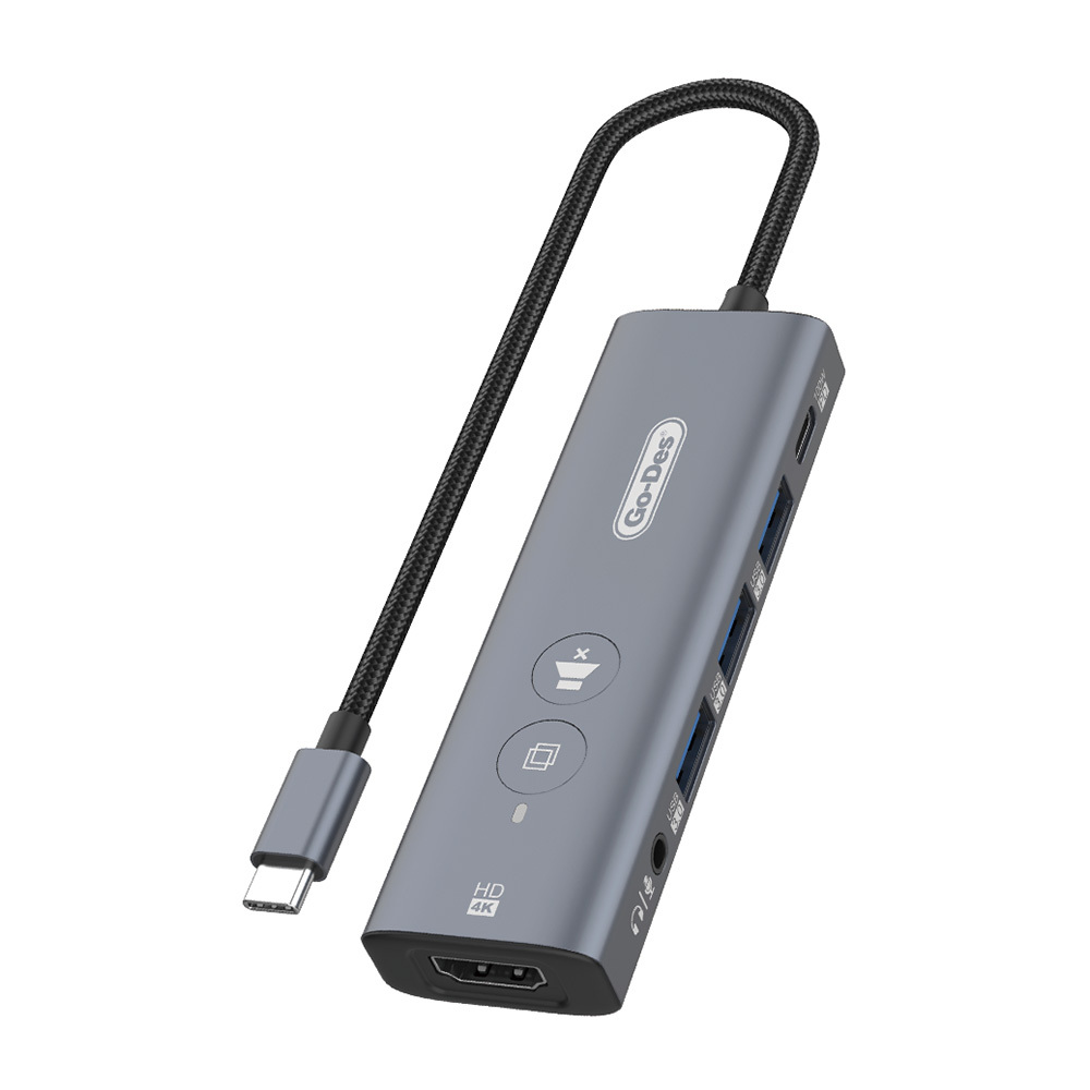 [RNZ-TA111101] Go Des GD-6903 Type-C Bağlantılı 6in1 Hub Adaptör USB3.0/Hdmi/PD 100W/3.5mm/4K Ultra HD 30hz/5Gbps