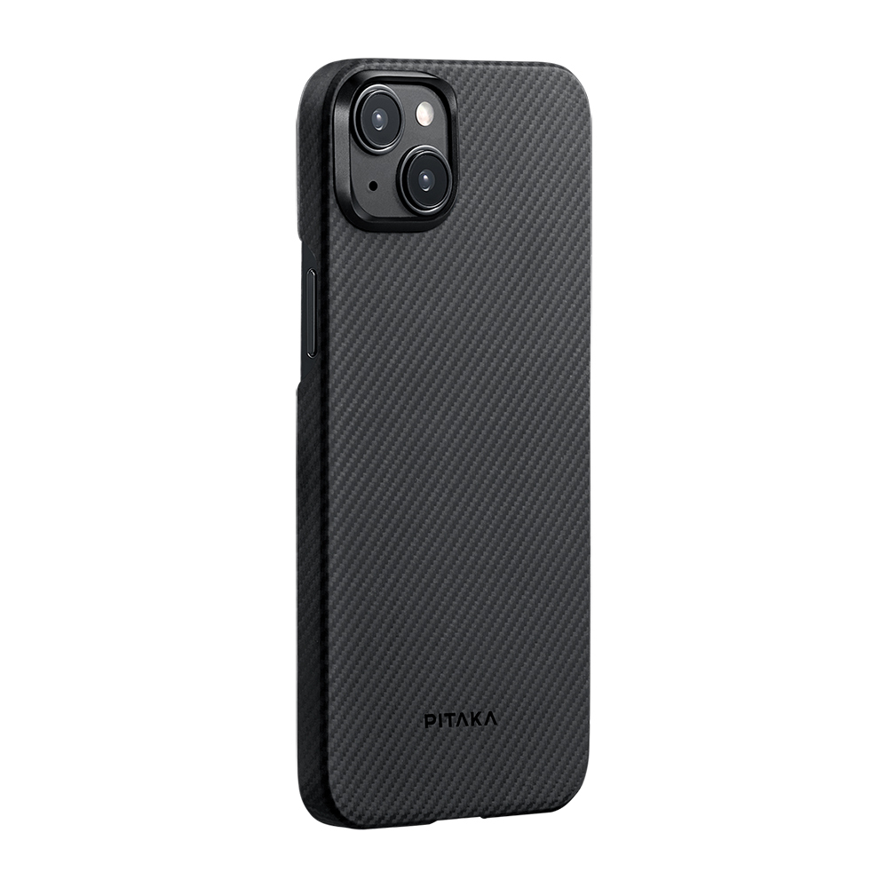 [RNZ-TA112582] Apple iPhone 15 Plus Uyumlu Kılıf M-safe Şarj Özellikli 600D Aramid Fiber Pitaka Ultra-Slim Classic Serisi Black-Grey Twill Kapak