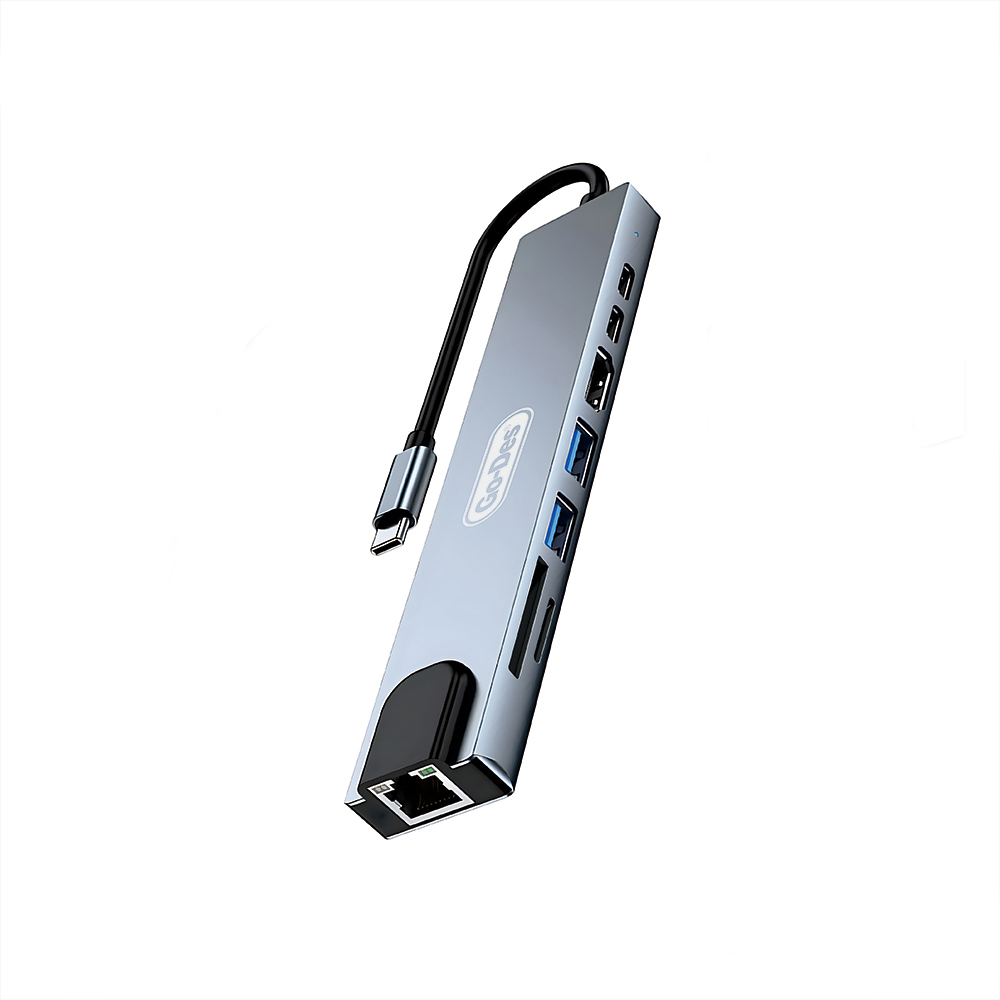 Go Des GD-9218 Type-C Bağlantılı 8in1 USB3.0 + PD + Hdmi 4K Ultra HD + RJ45 + SD/TF Bağlantılı Hub Adaptör