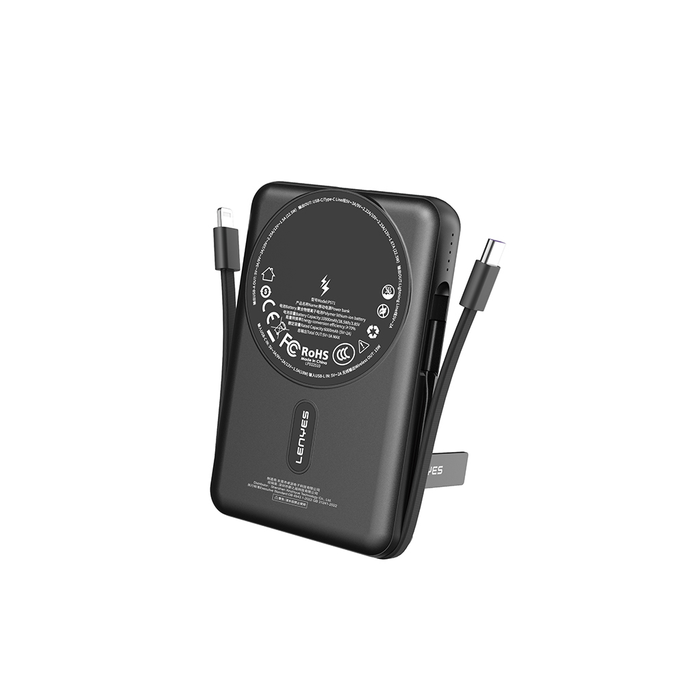 [RNZ-TA130561] Lenyes P571 PD 22.5W Standlı M-safe Şarj Özellikli Type-C ve Lightning Kablolu Powerbank 15W 10000mAh
