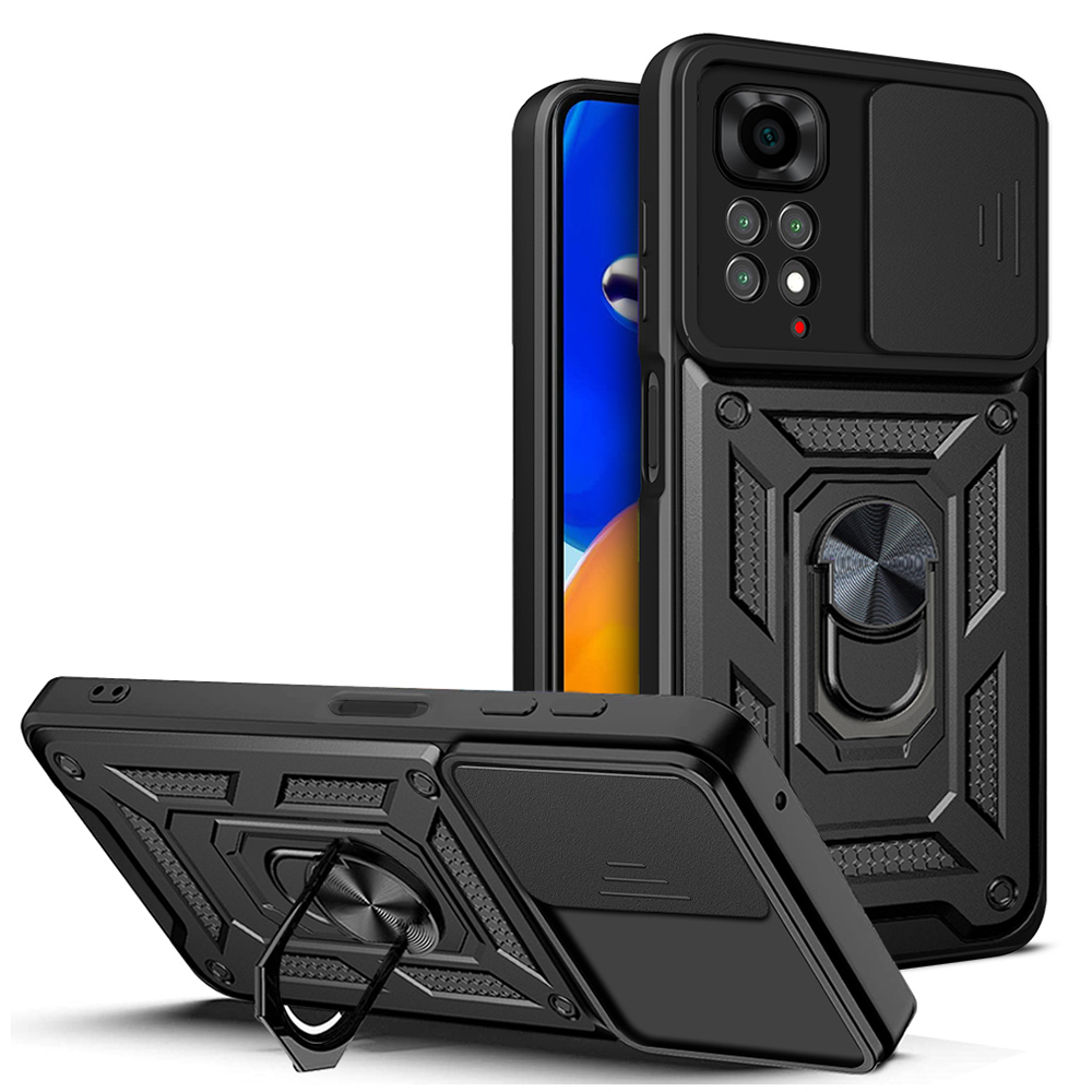 [RNZ-TA130465] Xiaomi Redmi Note 11S Global Uyumlu Kılıf Magnetik Standlı Kamera Korumalı Zore Sürgülü Vega Kapak (Siyah)