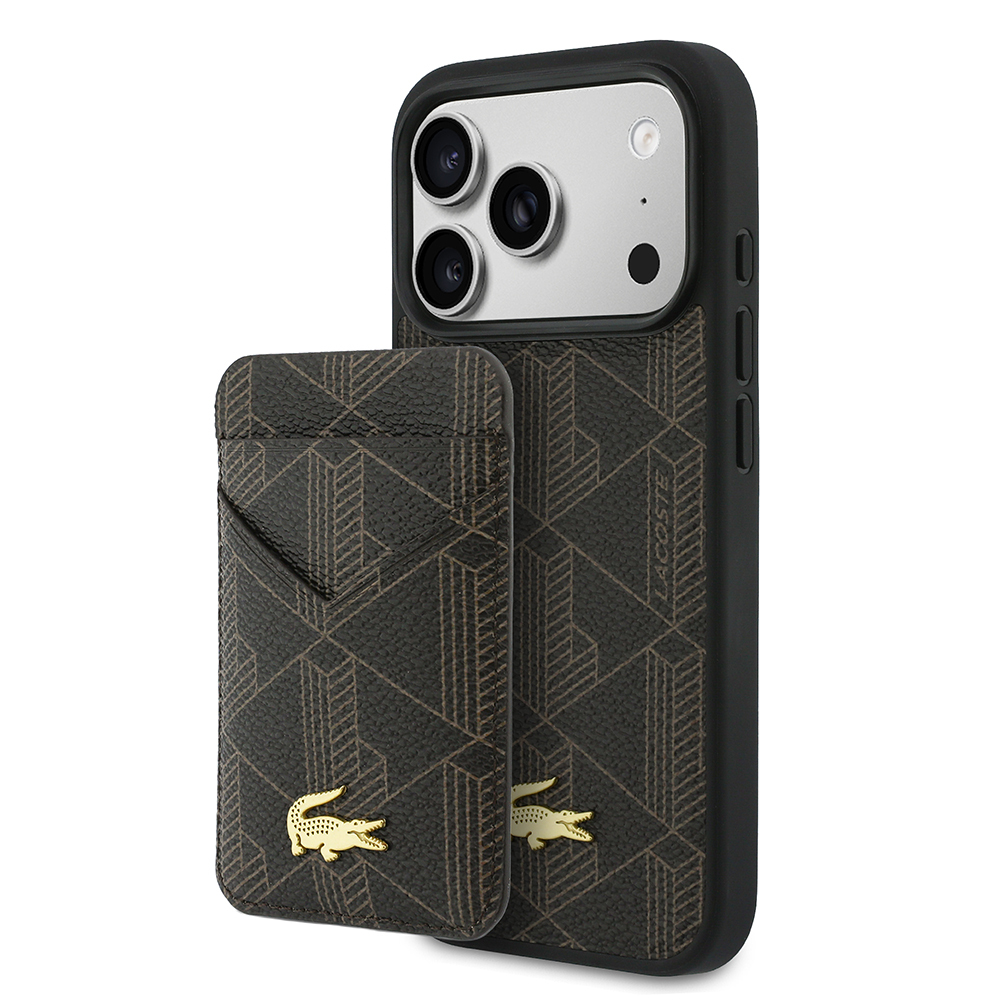 Apple iPhone 17 Pro Uyumlu Kılıf Lacoste Orjinal Lisanslı M-safe Şarj Özellikli PU Deri Tasarımlı Kartlıklı Karışık Monogram Desenli Kapak