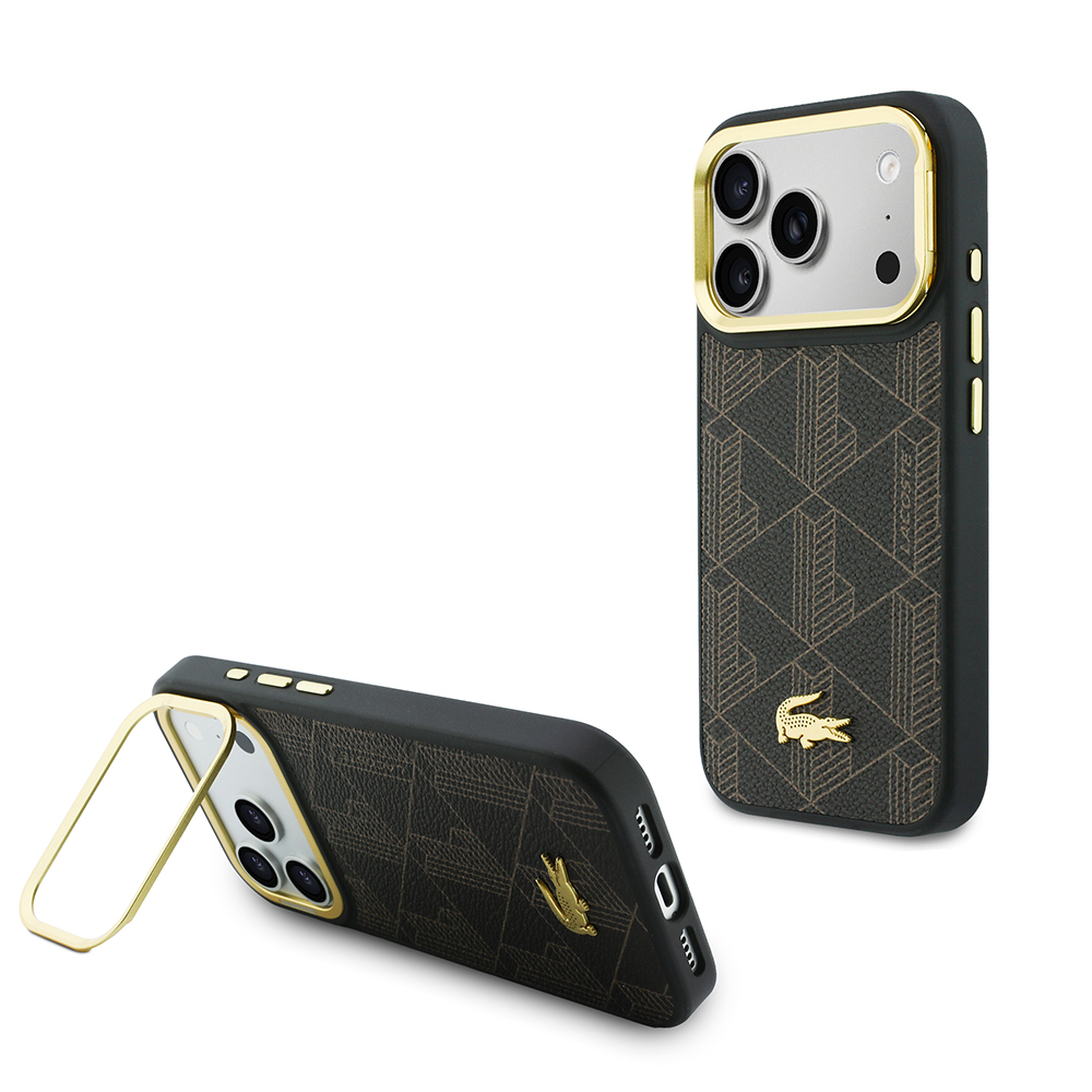 Apple iPhone 17 Pro Uyumlu Kılıf Lacoste Orjinal Lisanslı M-safe Şarj Özellikli Standlı PU Deri Karışık Monogram Desenli Kapak