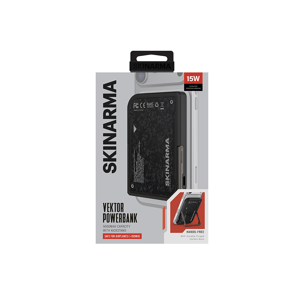 [RNZ-TA130557] Skinarma Vektor Kablosuz ve PD Hızlı Şarj Özellikli Metal Standlı Taşınabilir Powerbank 15W 5000mAh (Siyah)