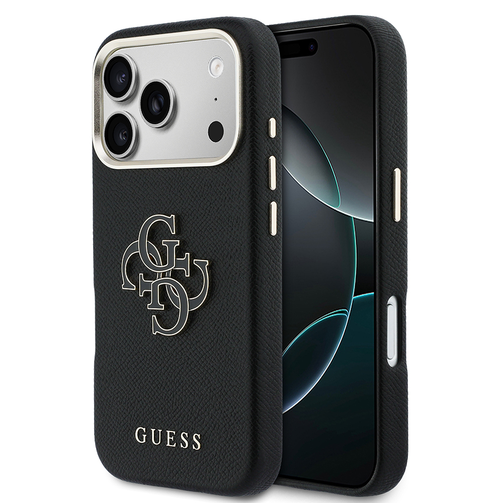 [RNZ-TA131847] Apple iPhone 17 Pro Max Uyumlu Kılıf Guess Orjinal Lisanslı 4G Büyük Metal Kamera Çerçeveli PU Deri Resin Kapak (Siyah)