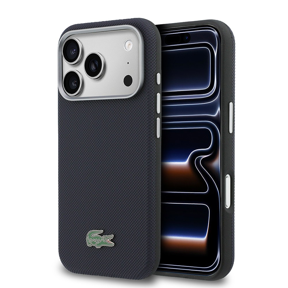 [RNZ-TA131814] Apple iPhone 17 Pro Uyumlu Kılıf Lacoste Orjinal Lisanslı M-Safe Şarj Özellikli PVC Yarı Pike Desenli Arka Yüzey İkonik Timsah Dokuma Logolu Kapak (Lacivert)