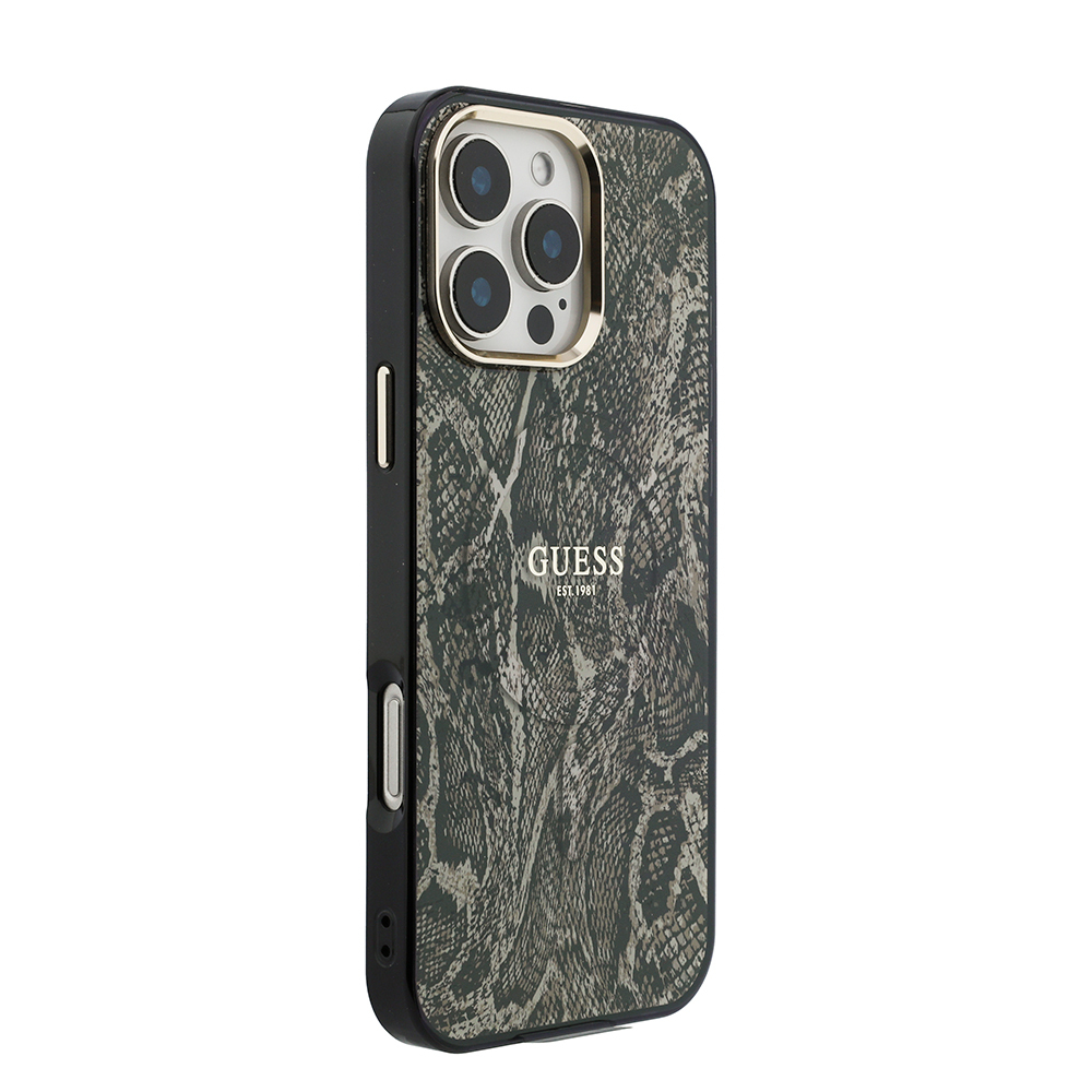 Apple iPhone 16 Pro Max Uyumlu Kılıf Guess Orjinal Lisanslı M-safe Şarj Özellikli Yazı Logolu Python Desenli Kapak