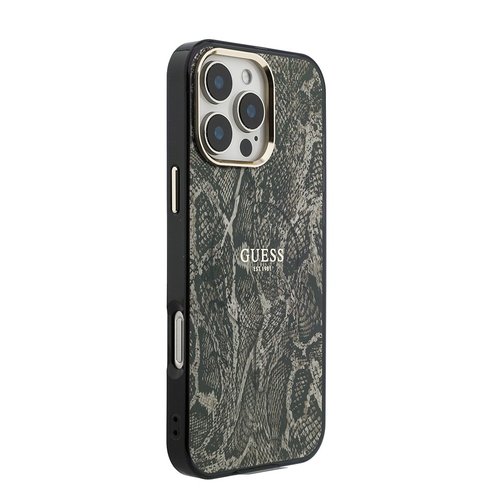 Apple iPhone 16 Pro Max Uyumlu Kılıf Guess Orjinal Lisanslı M-safe Şarj Özellikli Yazı Logolu Python Desenli Kapak