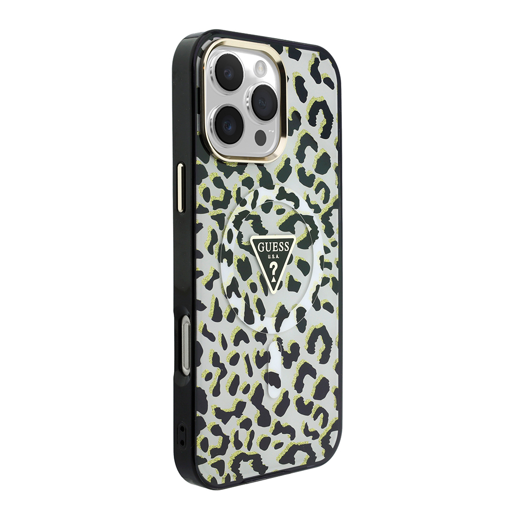 Apple iPhone 16 Pro Max Uyumlu Kılıf Guess Orjinal Lisanslı M-safe Şarj Özellikli Üçgen Logolu Simli Leopar Desenli Kapak