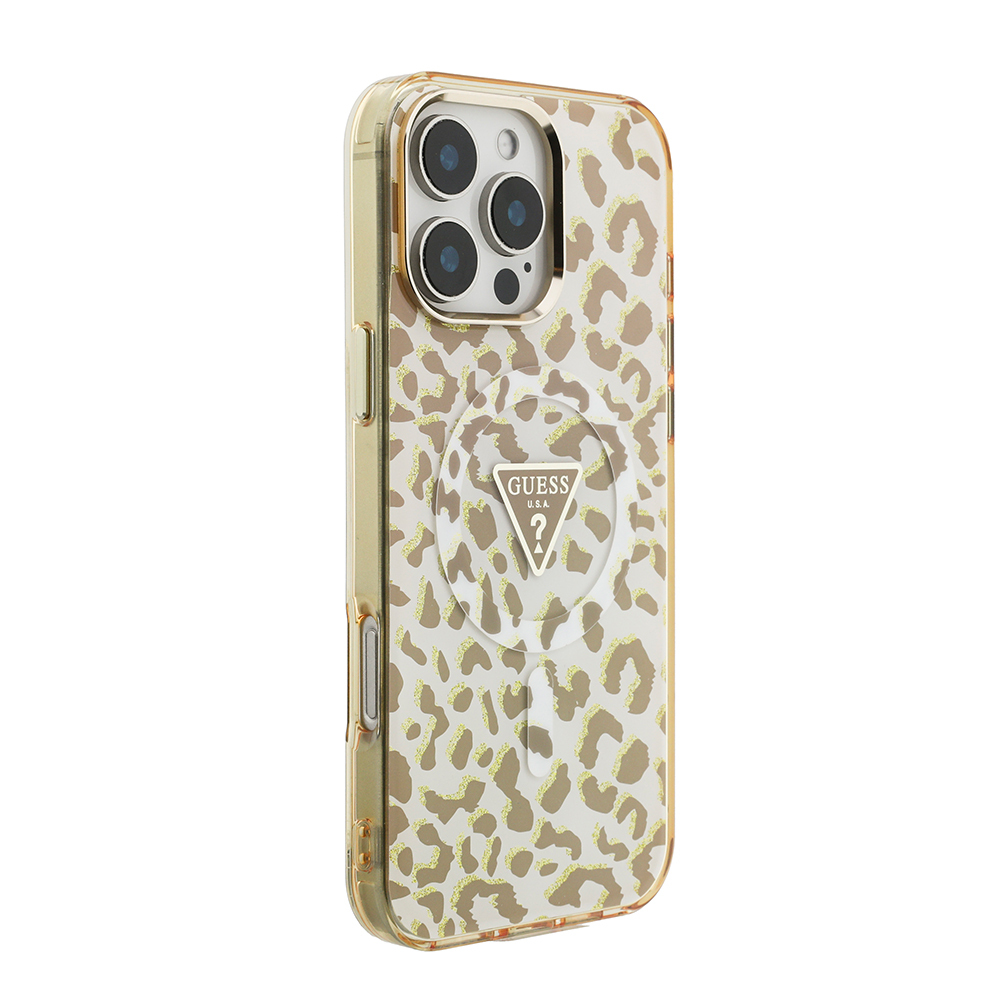 Apple iPhone 16 Pro Max Uyumlu Kılıf Guess Orjinal Lisanslı M-safe Şarj Özellikli Üçgen Logolu Simli Leopar Desenli Kapak