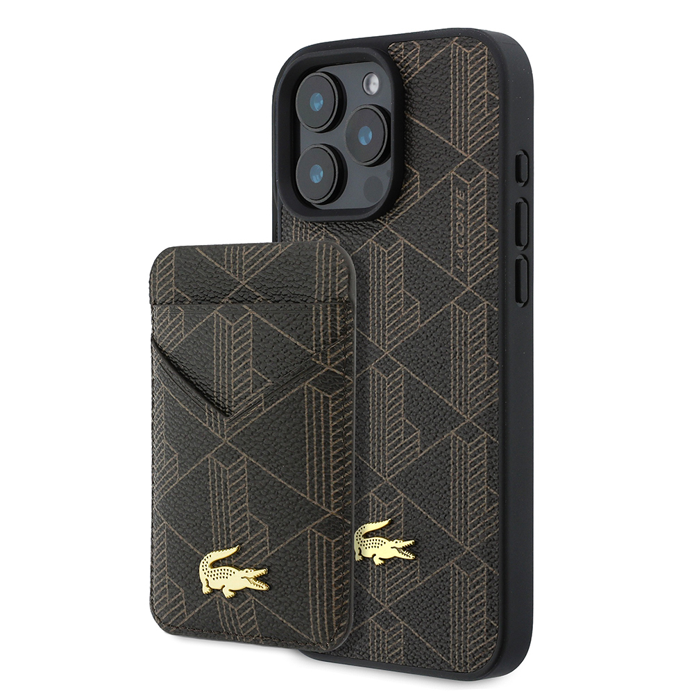 Apple iPhone 16 Pro Max Uyumlu Kılıf Lacoste Orjinal Lisanslı M-safe Şarj Özellikli PU Deri Tasarımlı Kartlıklı Karışık Monogram Desenli Kapak