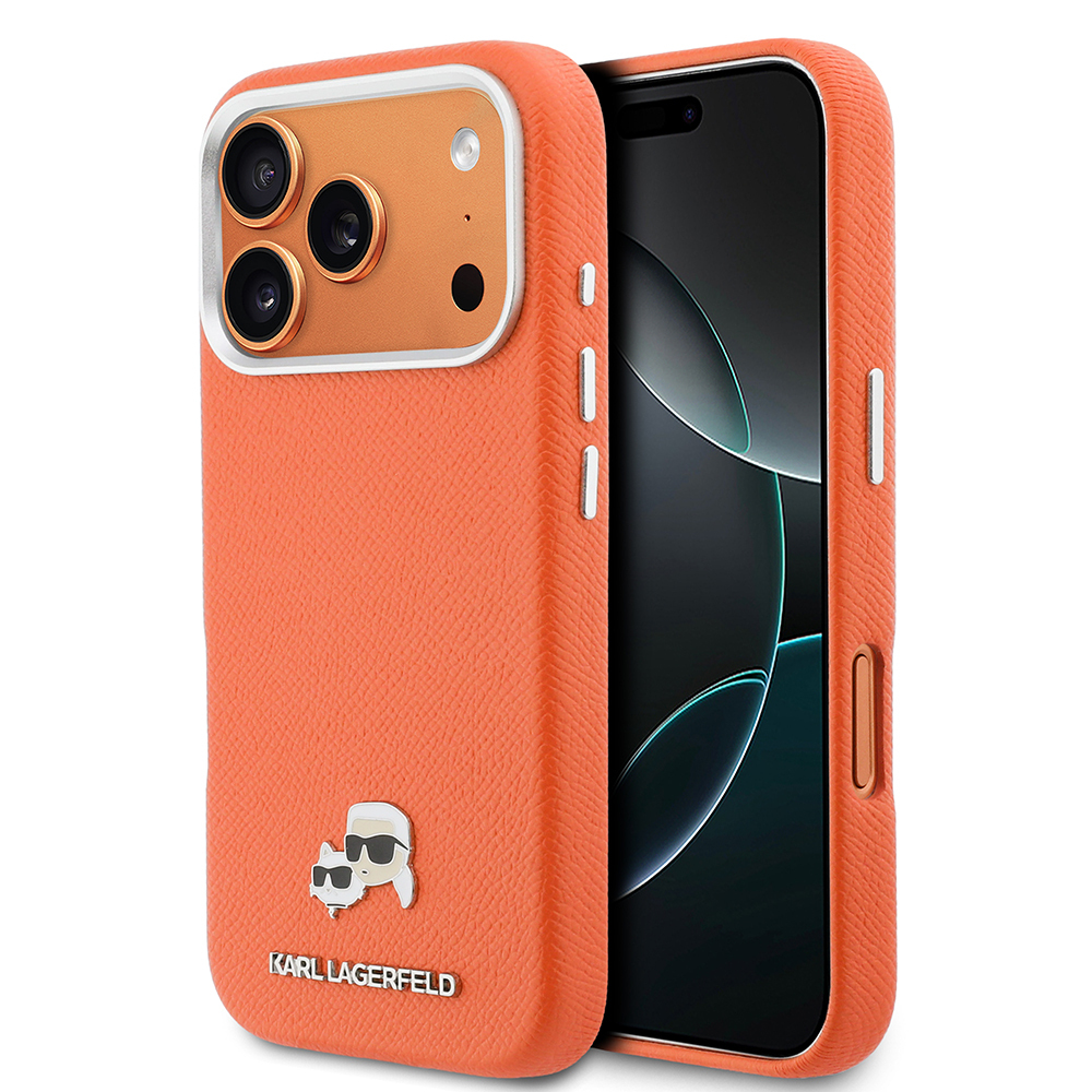 [RNZ-TA131831] Apple iPhone 17 Pro Uyumlu Kılıf Karl Lagerfeld Orjinal Lisanslı M-safe Şarj Özellikli Metal Kamera ve Buton Tasarımlı K&C Head Logolu PU Deri Kapak