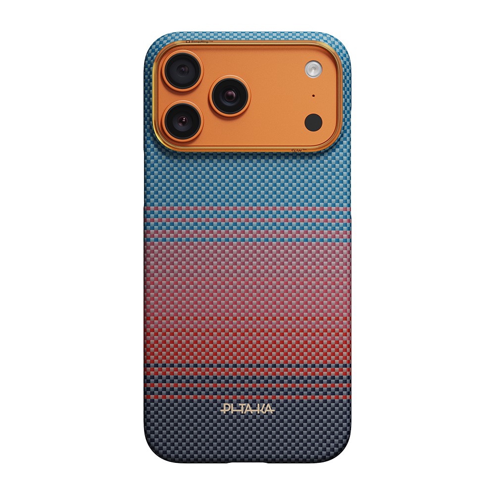 [RNZ-TA132630] Apple iPhone 17 Pro Max Uyumlu Kılıf M-safe Şarj Özellikli Aramid Fiber Pitaka Sunset 2.0 California Dream Serisi Kapak (Mavi-Kırmızı)