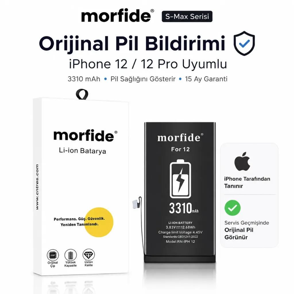 [RNO-IP12/12Pro] Apple iPhone 12 / 12 Pro Uyumlu Batarya 3310 mAh Orijinal Pil Bildirimi Pil Sağlığını Gösterir 15 Ay Garanti S-Max