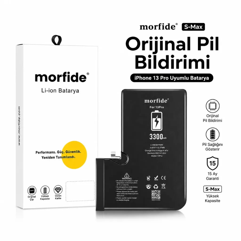 Apple iPhone 13 Pro Uyumlu Batarya 3300 mAh Orijinal Pil Bildirimi Pil Sağlığını Gösterir 15 Ay Garanti S-Max