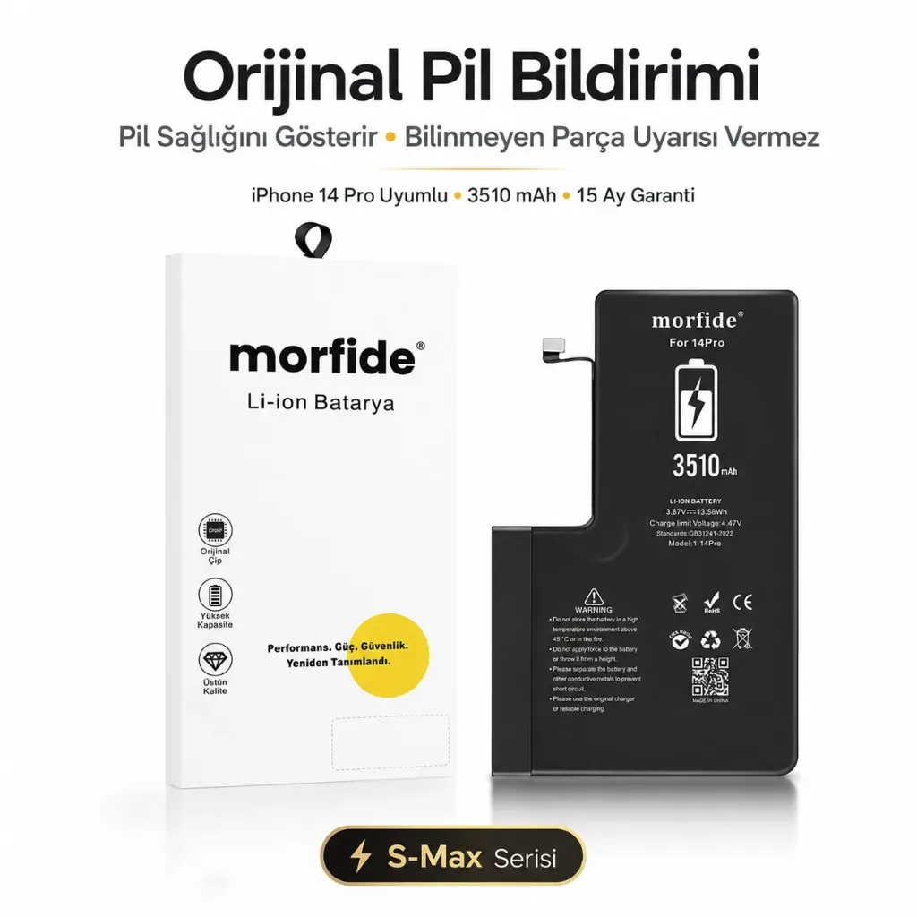 [RNO-IP14Pro] Apple iPhone 14 Pro Uyumlu Batarya 3510 mAh Orijinal Pil Bildirimi Pil Sağlığını Gösterir 15 Ay Garanti S-Max