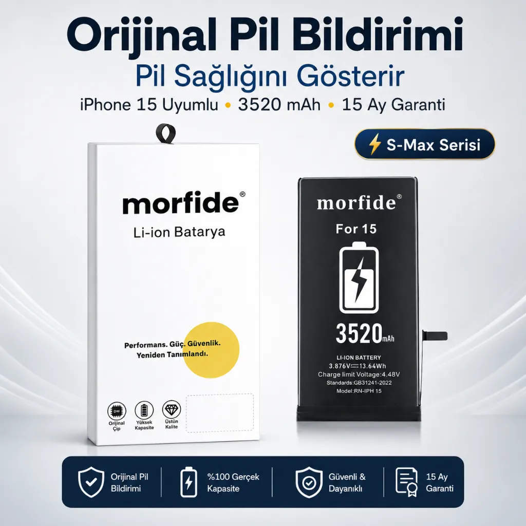 Apple iPhone 15 Uyumlu Batarya 3520 mAh Orijinal Pil Bildirimi Pil Sağlığını Gösterir 15 Ay Garanti S-Max