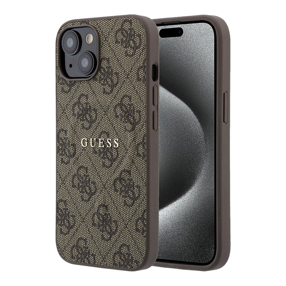 [RNZ-TA133478] Apple iPhone 15 Uyumlu Kılıf Guess Orjinal Lisanslı M-safe Kabartmalı 4G Desenli Yazı Logolu Kapak (Kahverengi)