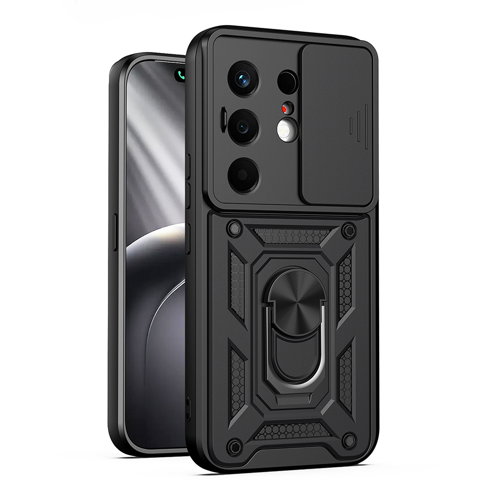 [RNZ-TA132167] Tecno Camon 50 Kılıf Magnetik Standlı Kamera Korumalı Zore Sürgülü Vega Kapak (Siyah)