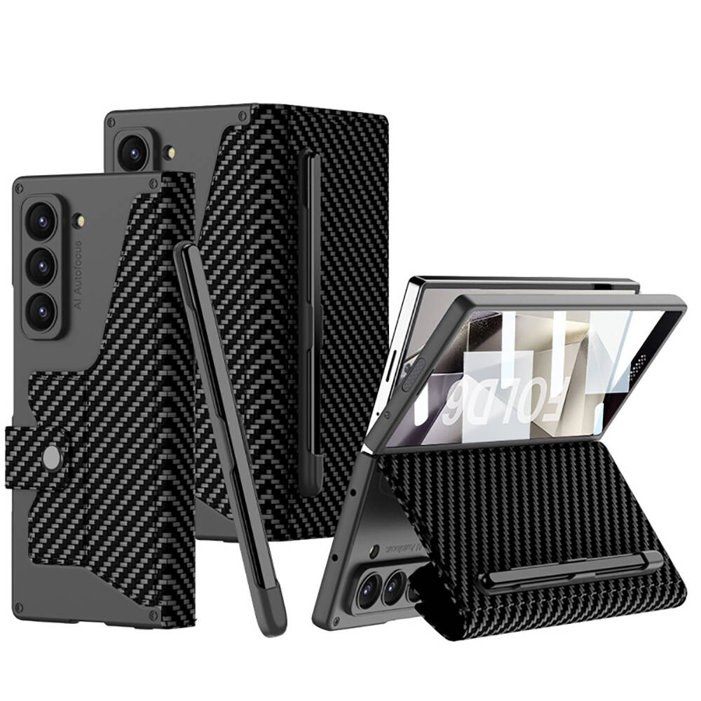 Samsung Galaxy Z Fold 6 Uyumlu Kılıf Kamera Korumalı Karbon Tasarımlı Zore Kıpta Kalem Bölmeli Fest Kapak