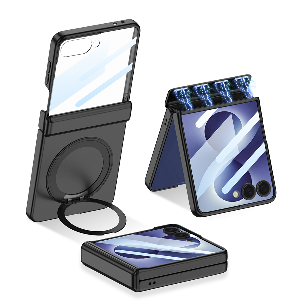 [RNZ-TA137951] Samsung Galaxy Z Flip Uyumlu 8 Kılıf M-safe Şarj Özellikli Zore Kıpta KPT-06 Ring Standlı Kapak (Siyah)