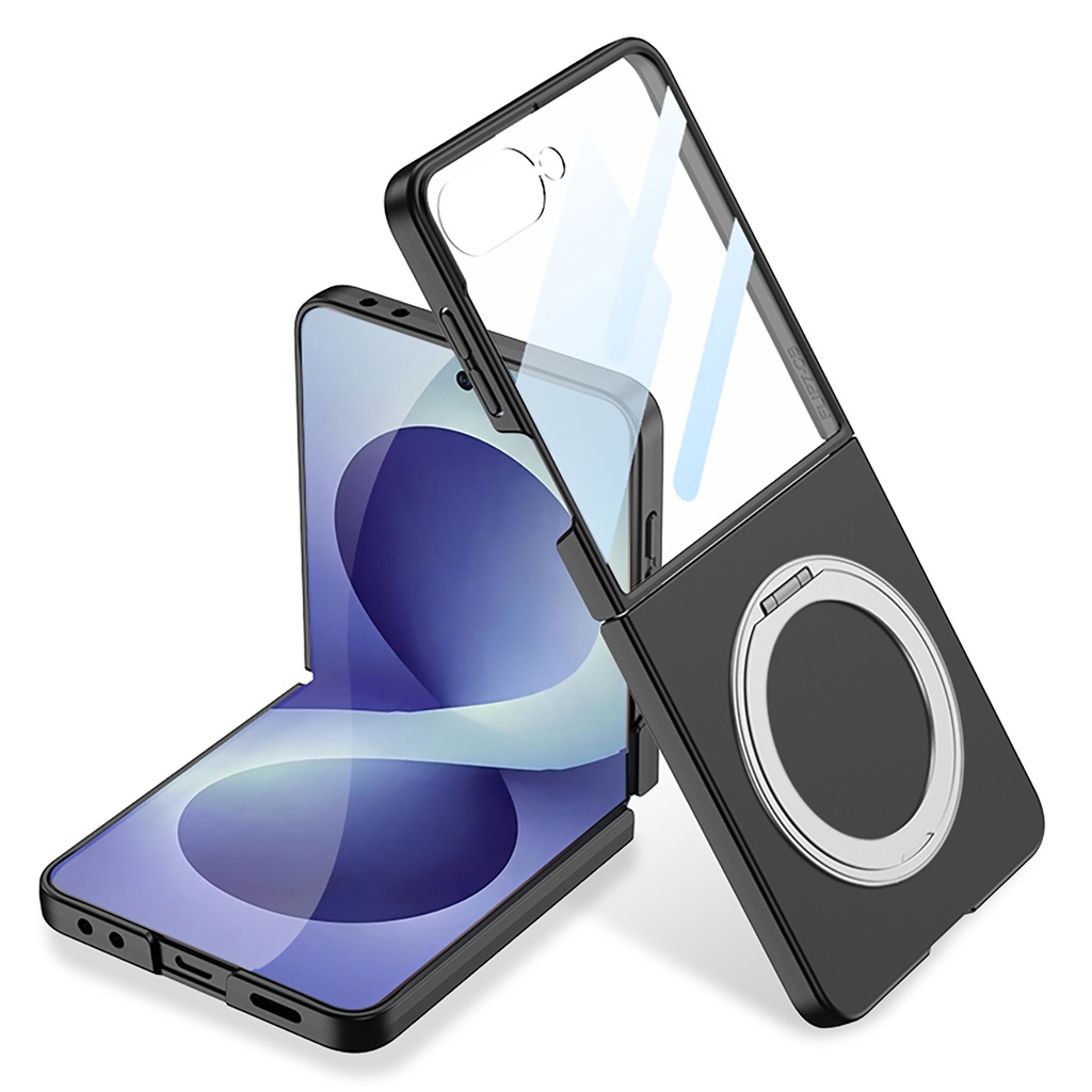 [RNZ-TA137982] Samsung Galaxy Z Flip Uyumlu 8 Kılıf M-safe Şarj Özellikli Zore Kıpta Yüzüklü Kamera Korumalı Kapak (Siyah)