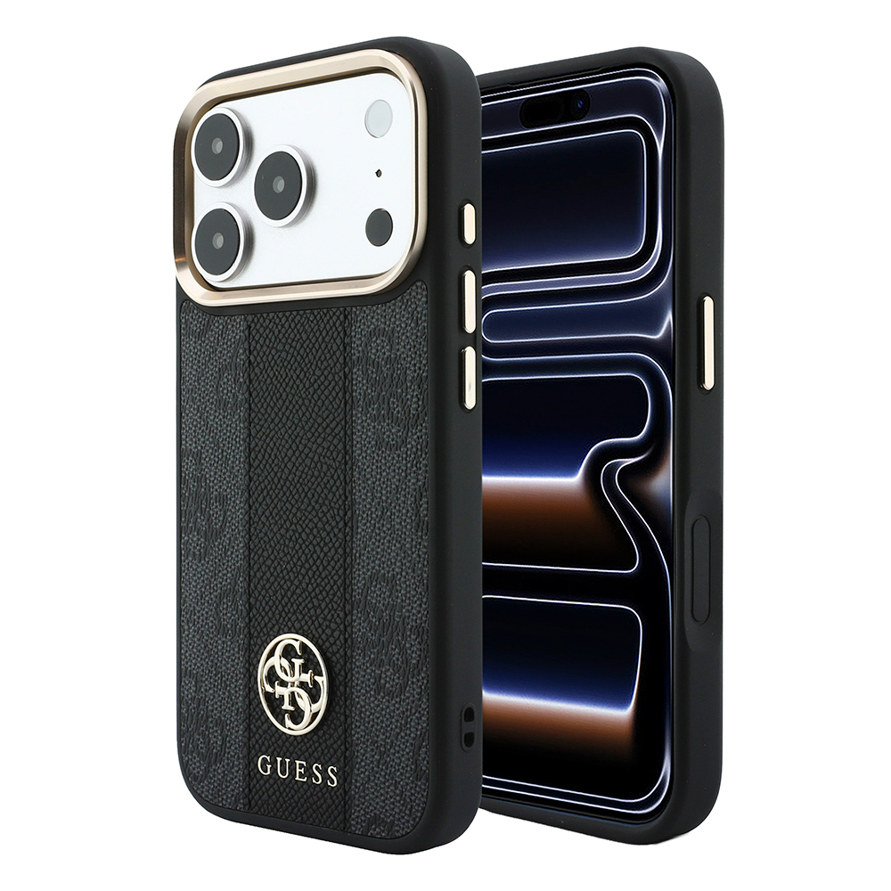[RNZ-TA137823] Apple iPhone 18 Pro Uyumlu Kılıf Guess Orjinal Lisanslı M-safe Şarj Özellikli Deri 4G Desenli Şeritli Yazı Logolu Kapak (Siyah)