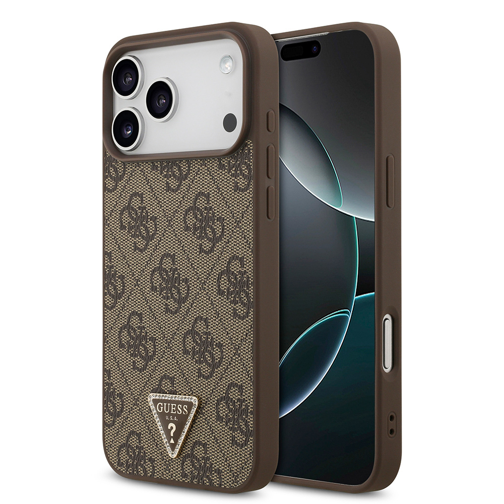 [RNZ-TA137799] Apple iPhone 18 Pro Max Kılıf Guess Orjinal Lisanslı M-safe Şarj Özllikli PU Deri Taşlı Üçgen Logo 4G Desenli Strass Kapak (Kahverengi)