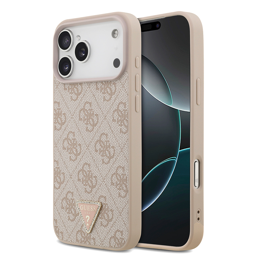 Apple iPhone 18 Pro Max Uyumlu Kılıf Guess Orjinal Lisanslı M-safe Şarj Özllikli PU Deri Taşlı Üçgen Logo 4G Desenli Strass Kapak