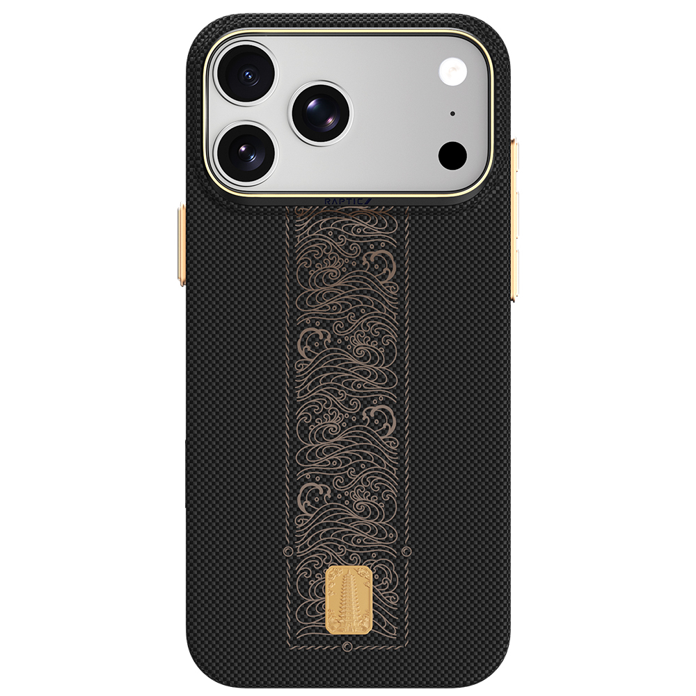 [RNZ-TA134661] Apple iPhone 18 Pro Kılıf M-safe Şarj Özellikli Raptic Aramid Skin Rise Serisi 24 Ayar Altın Kaplamalı Karbon Kapak (Siyah)