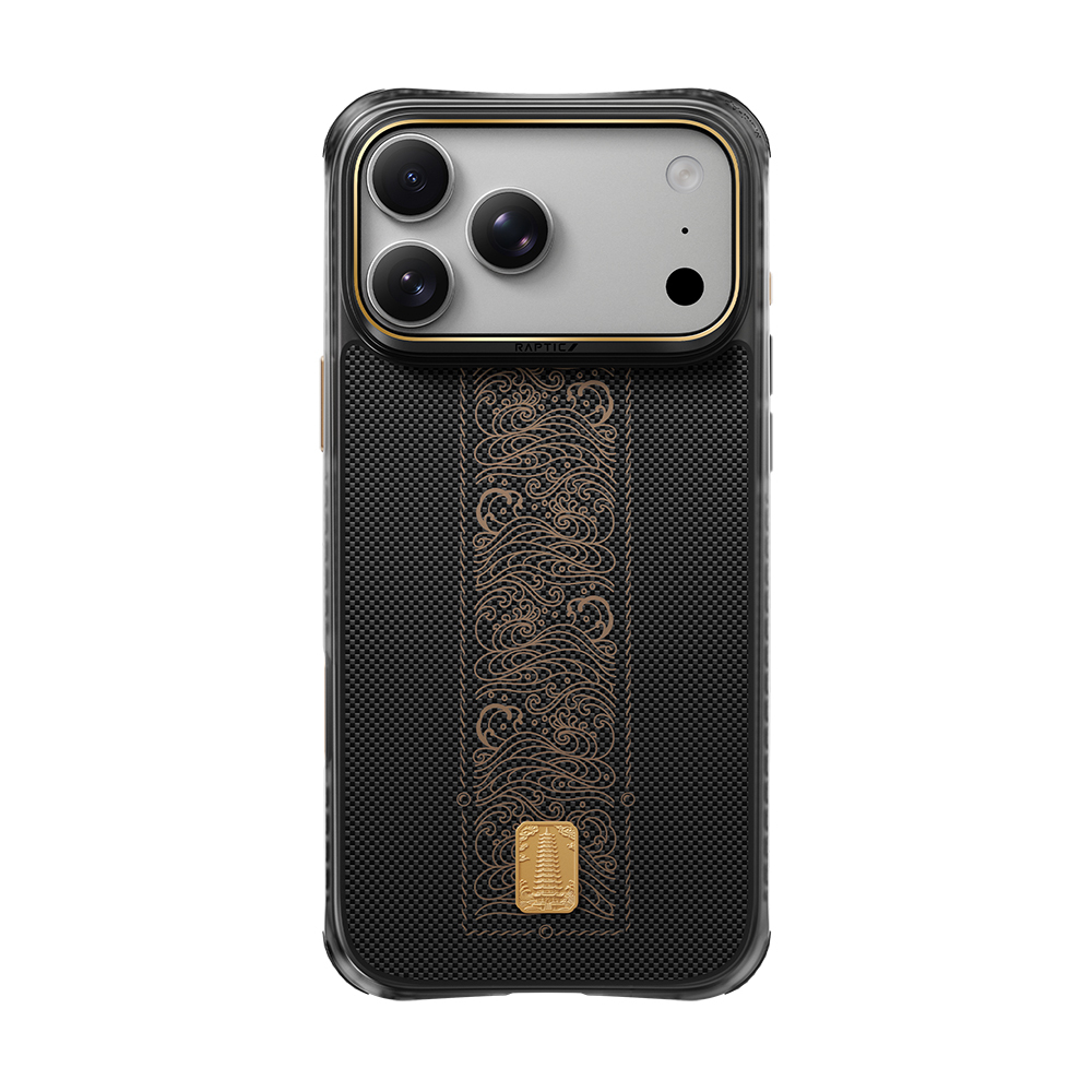 Apple iPhone 18 Pro Kılıf M-safe Şarj Özellikli Raptic Aramid Dual Rise Serisi 24 Ayar Altın Kaplamalı Karbon Kapak