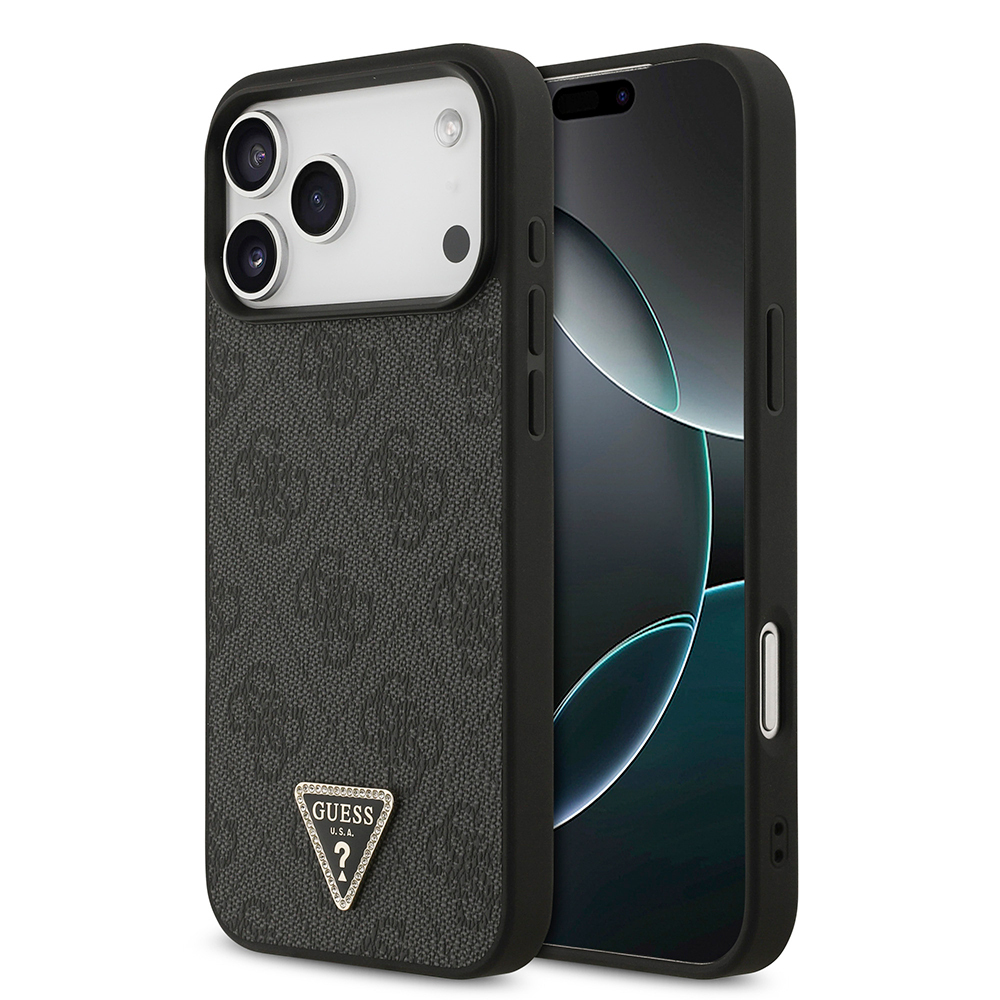 Apple iPhone 18 Pro Max Uyumlu Kılıf Guess Orjinal Lisanslı PU Deri Taşlı Üçgen Logo 4G Desenli Strass Kapak