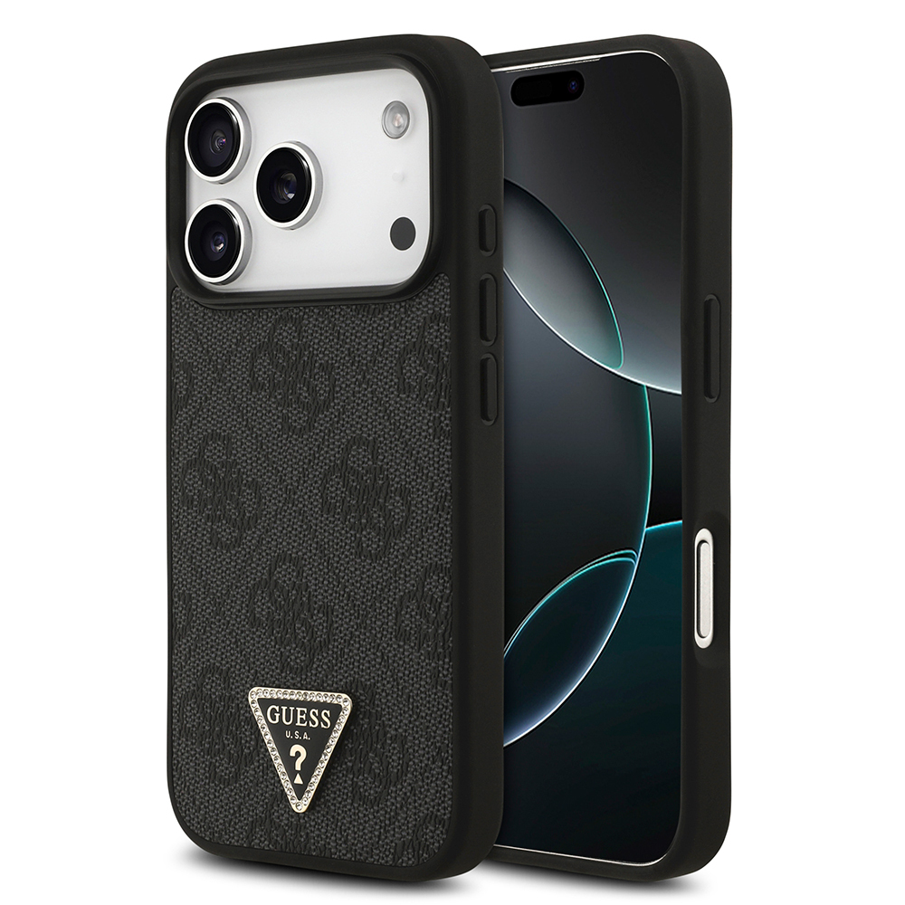 [RNZ-TA137792] Apple iPhone 18 Pro Kılıf Guess Orjinal Lisanslı M-safe Şarj Özllikli PU Deri Taşlı Üçgen Logo 4G Desenli Strass Kapak (Siyah)