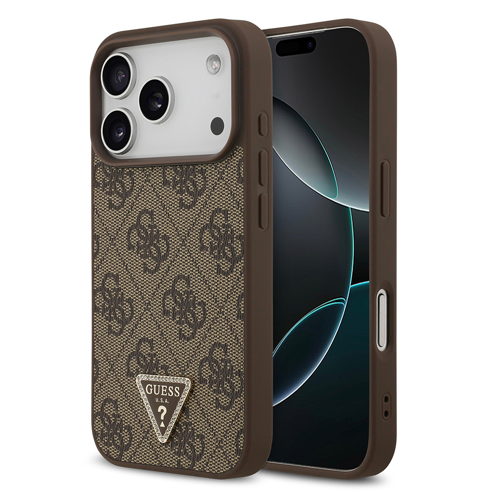 Apple iPhone 18 Pro Uyumlu Kılıf Guess Orjinal Lisanslı M-safe Şarj Özllikli PU Deri Taşlı Üçgen Logo 4G Desenli Strass Kapak