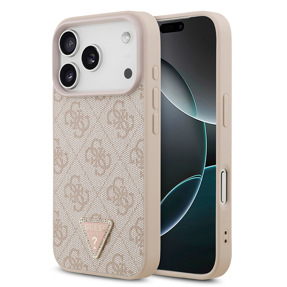 Apple iPhone 18 Pro Uyumlu Kılıf Guess Orjinal Lisanslı M-safe Şarj Özllikli PU Deri Taşlı Üçgen Logo 4G Desenli Strass Kapak