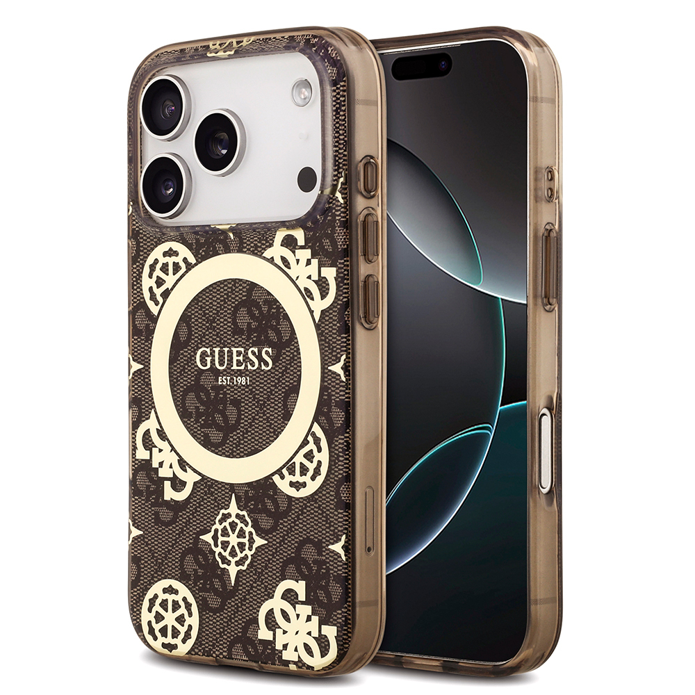 Apple iPhone 18 Pro Kılıf Guess Orjinal Lisanslı M-safe Şarj Özellikli IML Peony ve 4G Desenli Klasik Logolu Kapak