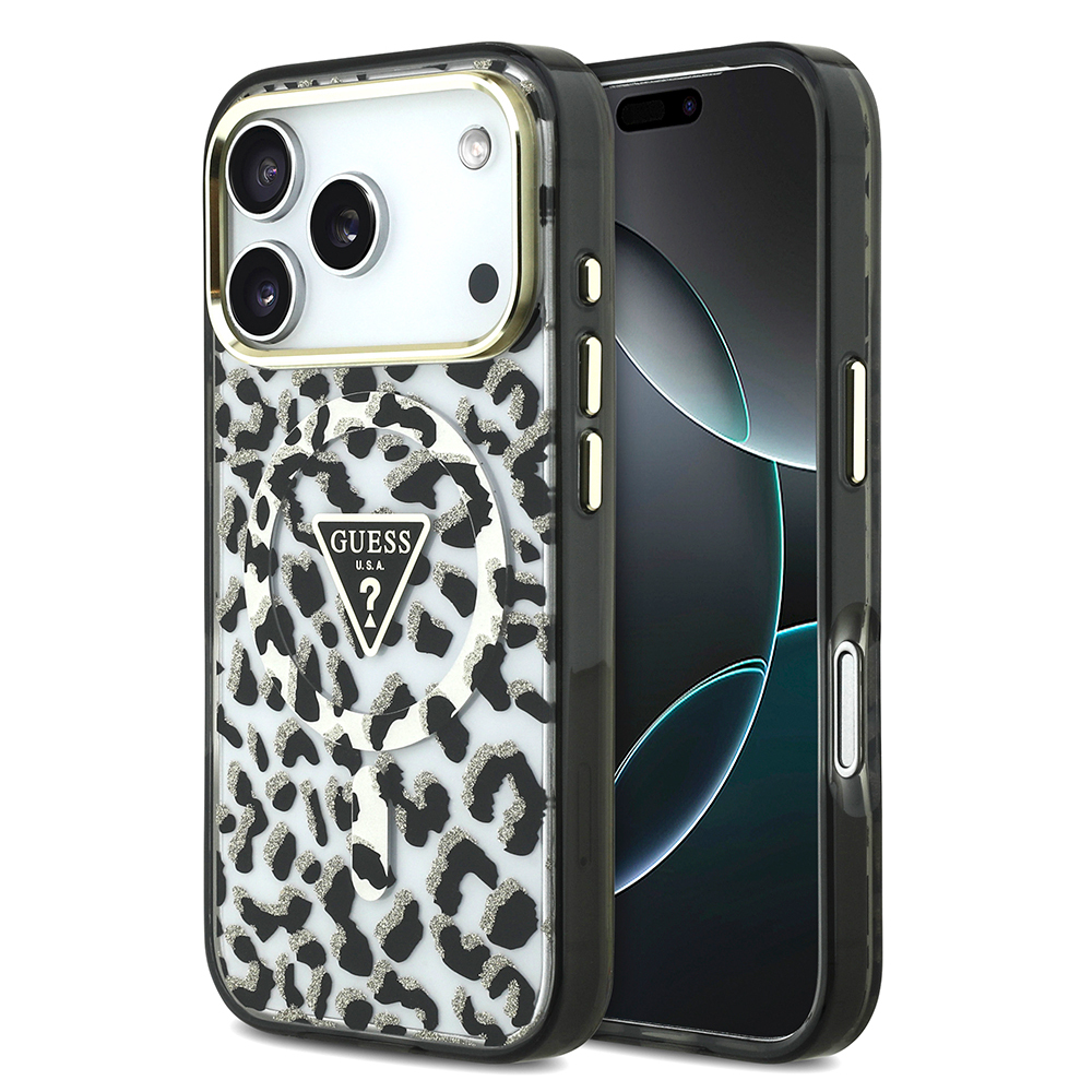 [RNZ-TA134341] Apple iPhone 18 Pro Kılıf Guess Orjinal Lisanslı M-safe Şarj Özellikli Üçgen Logolu Simli Leopar Desenli Kapak (Siyah)