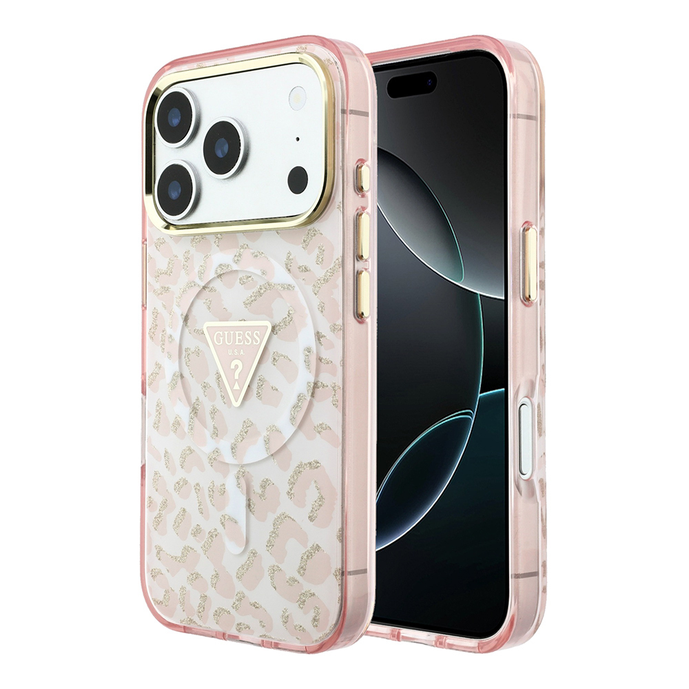Apple iPhone 18 Pro Uyumlu Kılıf Guess Orjinal Lisanslı M-safe Şarj Özellikli Üçgen Logolu Simli Leopar Desenli Kapak