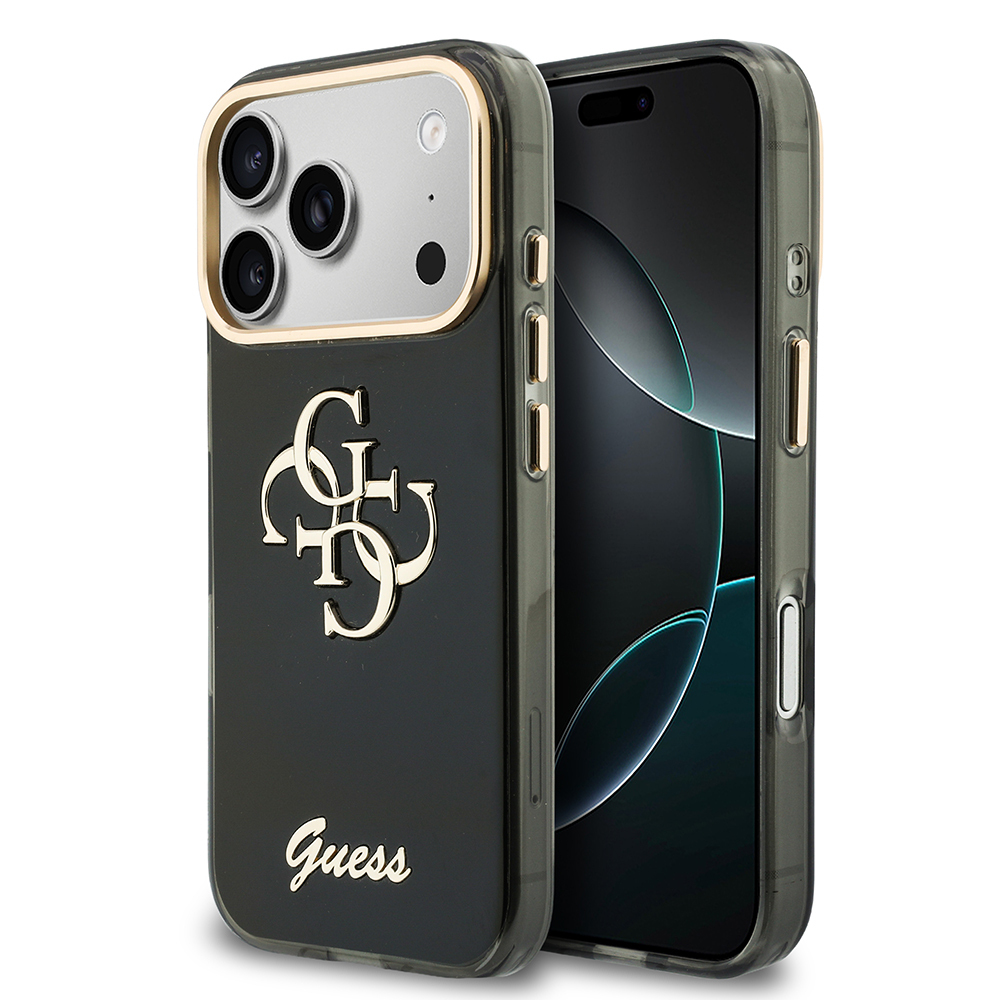 [RNZ-TA138166] Apple iPhone 18 Pro Uyumlu Kılıf Guess Orjinal Lisanslı Yazı ve 4G Büyük Metal Logolu Silikon Kapak (Siyah)