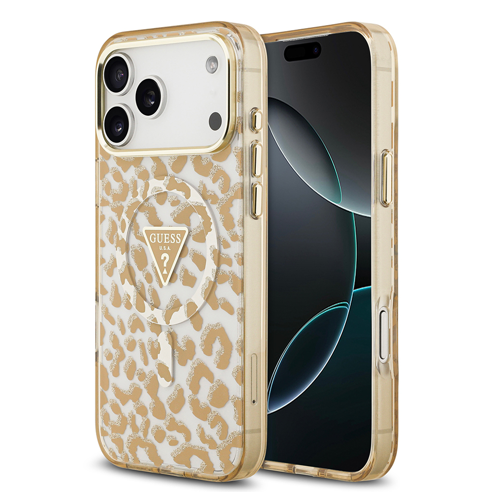 Apple iPhone 18 Pro Max Uyumlu Kılıf Guess Orjinal Lisanslı M-safe Şarj Özellikli Üçgen Logolu Simli Leopar Desenli Kapak