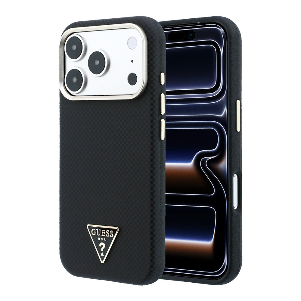 [RNZ-TA138462] Apple iPhone 18 Pro Kılıf Guess Orjinal Lisanslı M-safe Şarj Özellikli PU Metal Üçgen Logolu Karbon Fiber Kevlar Kapak (Siyah)