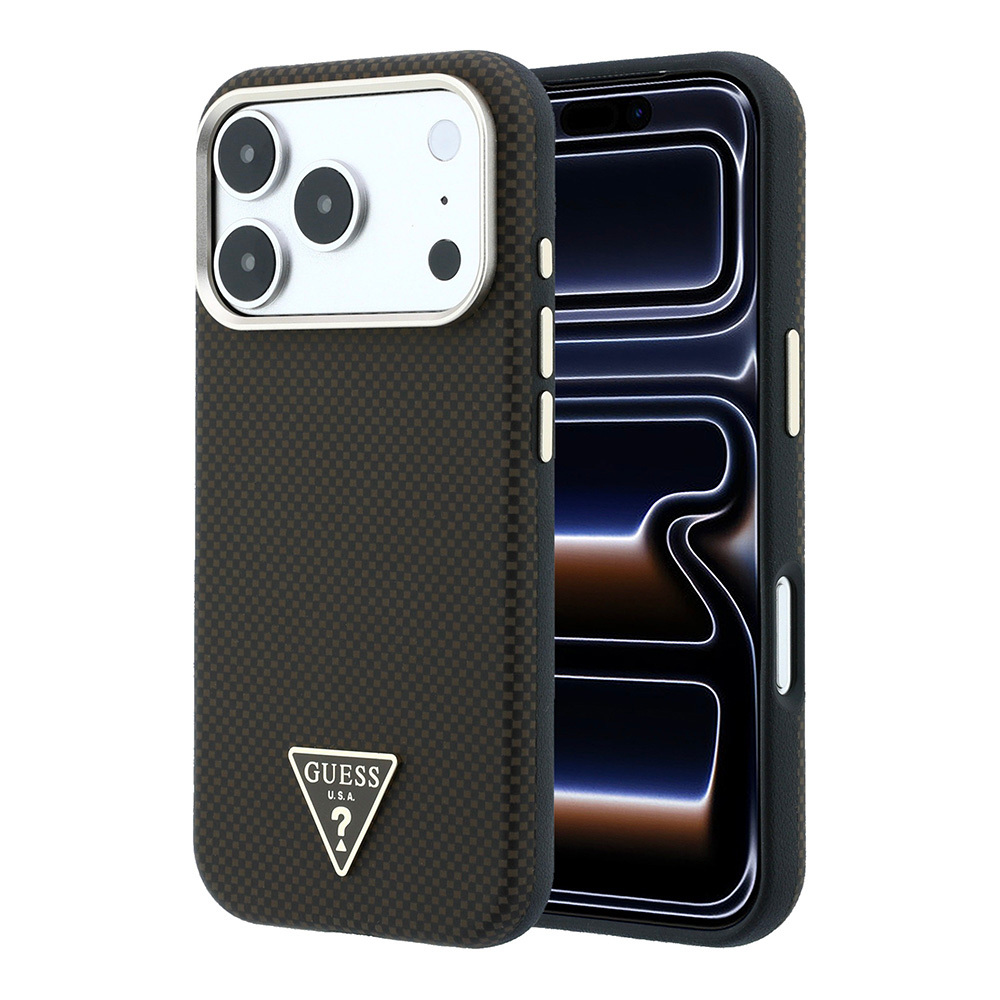 Apple iPhone 18 Pro Uyumlu Kılıf Guess Orjinal Lisanslı M-safe Şarj Özellikli PU Metal Üçgen Logolu Karbon Fiber Kevlar Kapak