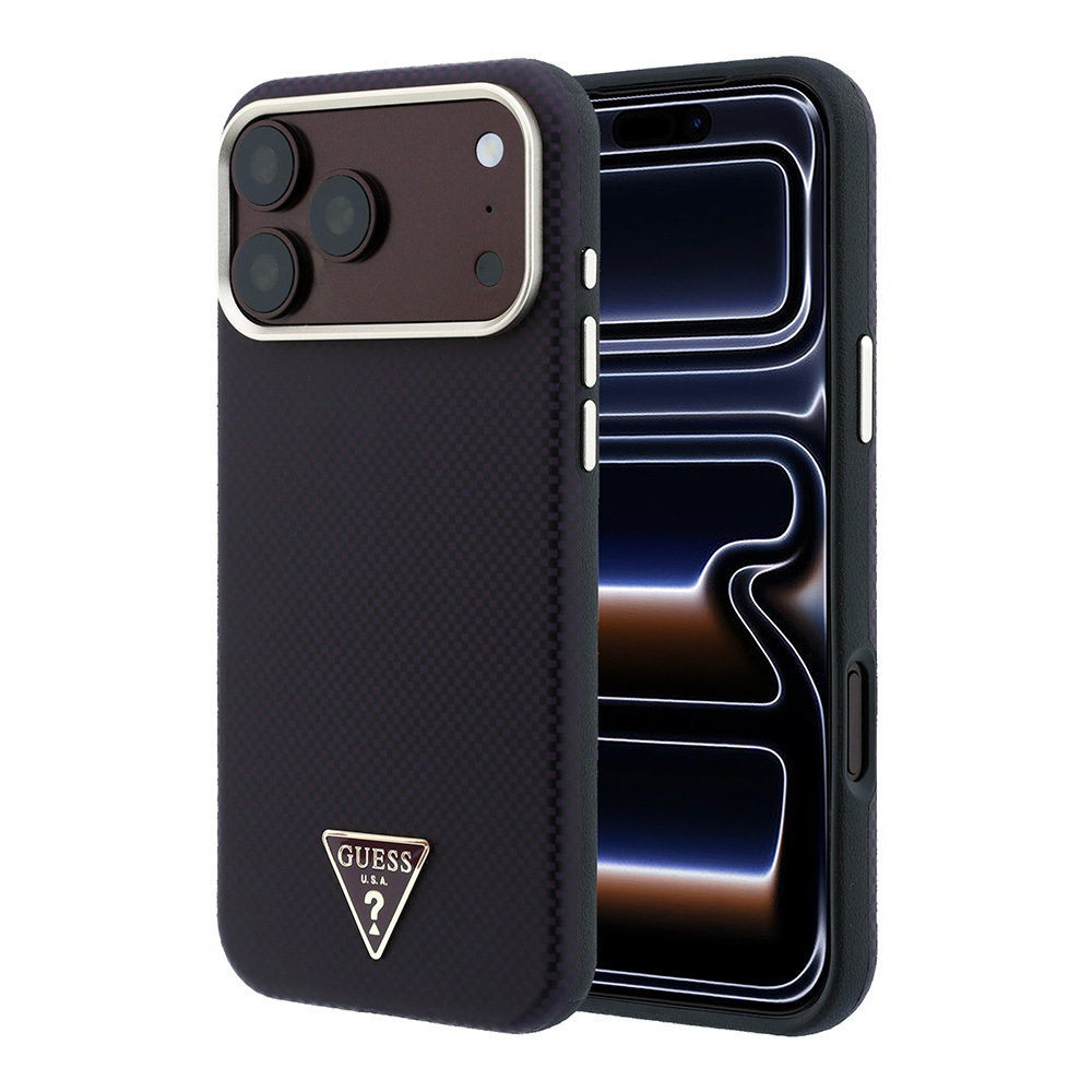 Apple iPhone 18 Pro Uyumlu Kılıf Guess Orjinal Lisanslı M-safe Şarj Özellikli PU Metal Üçgen Logolu Karbon Fiber Kevlar Kapak