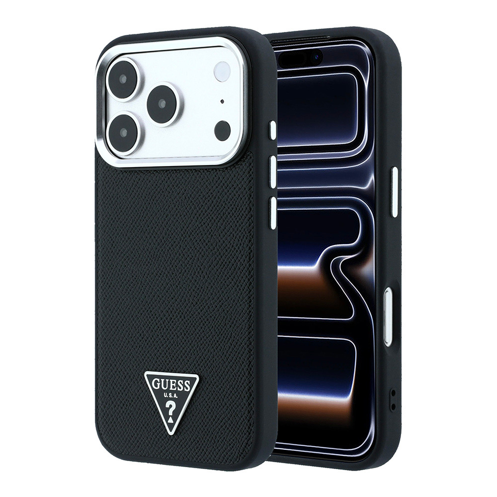 [RNZ-TA138193] Apple iPhone 18 Pro Max Kılıf Guess Orjinal Lisanslı M-safe Şarj Özellikli Grained Triangle Kapak (Siyah)