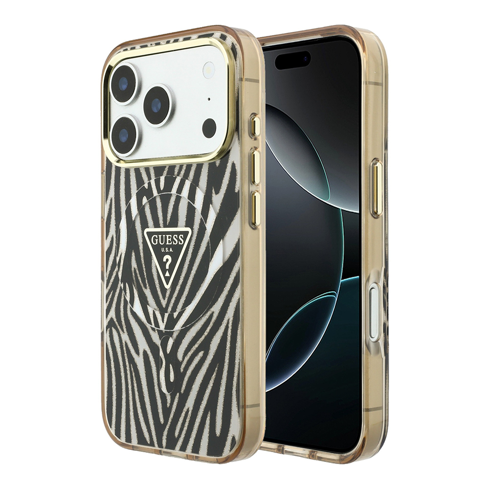 [RNZ-TA138178] Apple iPhone 18 Pro Kılıf Guess Orjinal Lisanslı M-safe Şarj Özellikli Üçgen Logolu Zebra Desenli Silikon Kapak (Gold)